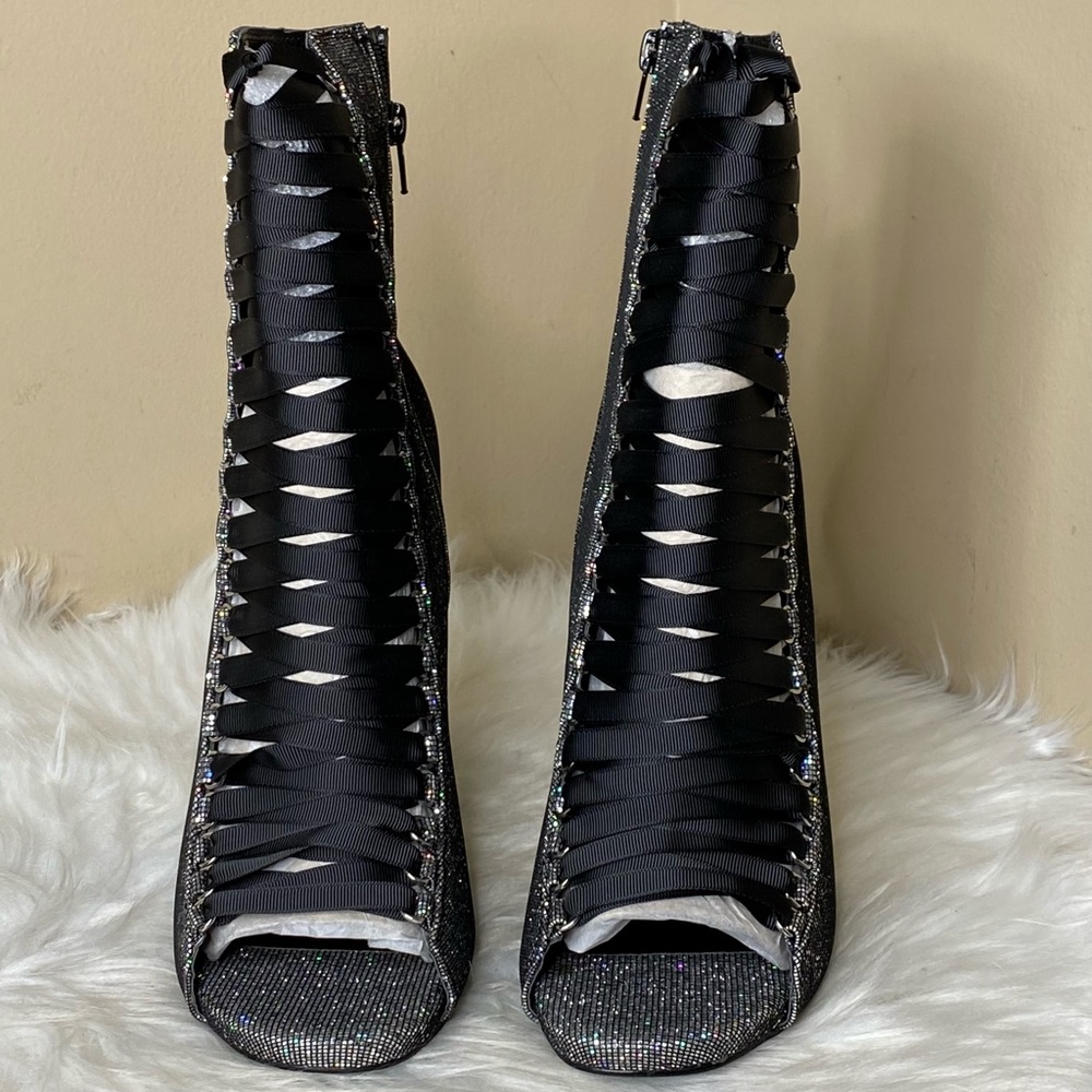 Steve Madden Iridescent Glitter Lace-Up Peep-Toe Stiletto Booties - Black Ribbon - Picture 2 of 9